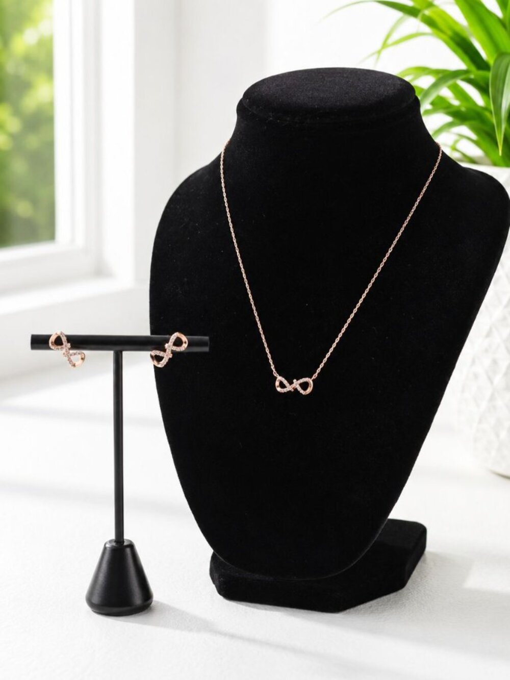 Rose Gold-Tone Infinity Necklace & Stud Earrings Set Crystal Accents Timeless Je